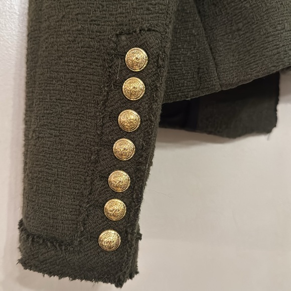 ZARA army green NEW tweed cropped blazer w/ shoulder pads & gold buttons-Sz.XXL - Picture 14 of 14